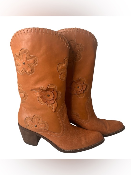 MIA Shoes - Mia Candida Cowgirl Leather Boots Brown Daisy Embellished Boho Womens Size 10